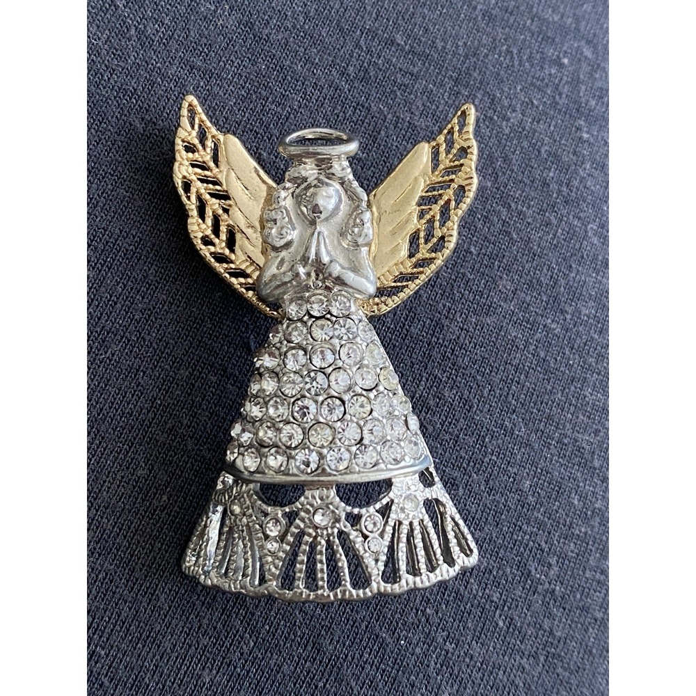 Vintage Praying Female Angel Brooch Rhinestones Two Tone Gold Silver Shiny 90s